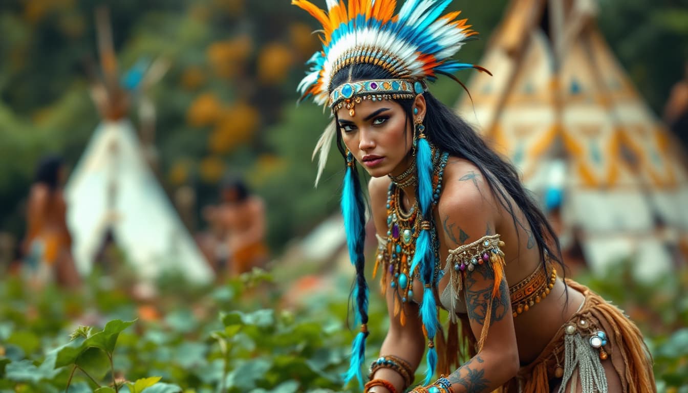 AI generated: A realistic, full body view of a gorgeous, Native American female that is around 25 years old. Her h...