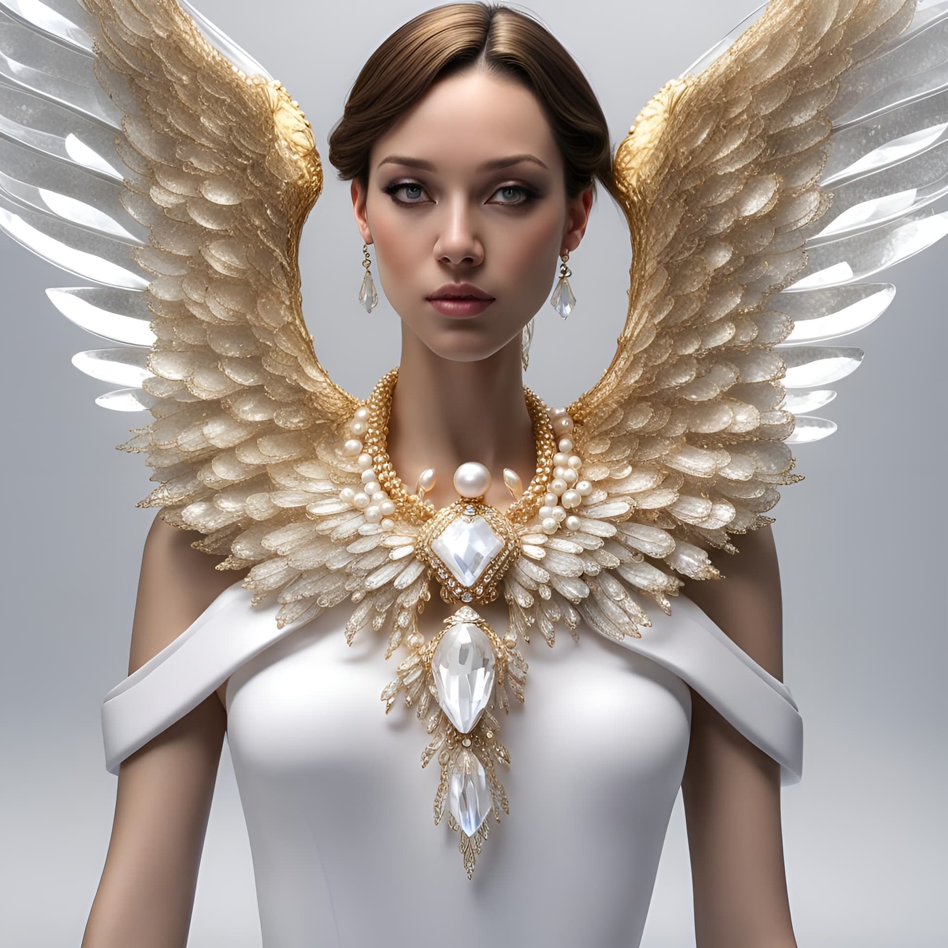 AI generated: a woman wearing an extra mega sized jewelry wing designed necklace adorned with crystals-pearls and ...