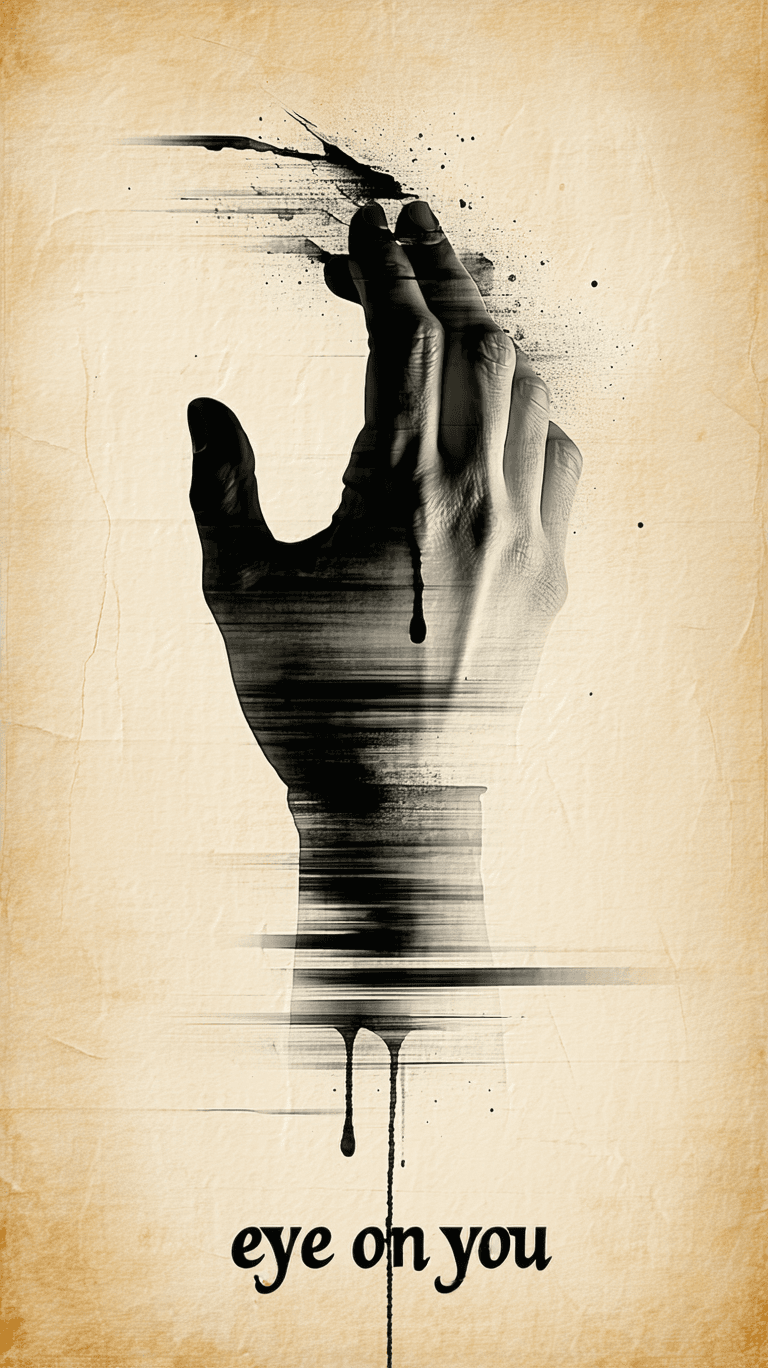 AI generated: inkbolt brushstokes in shape of a textured hand on a papyrus,old Photo,typography “eye on you” in sl...