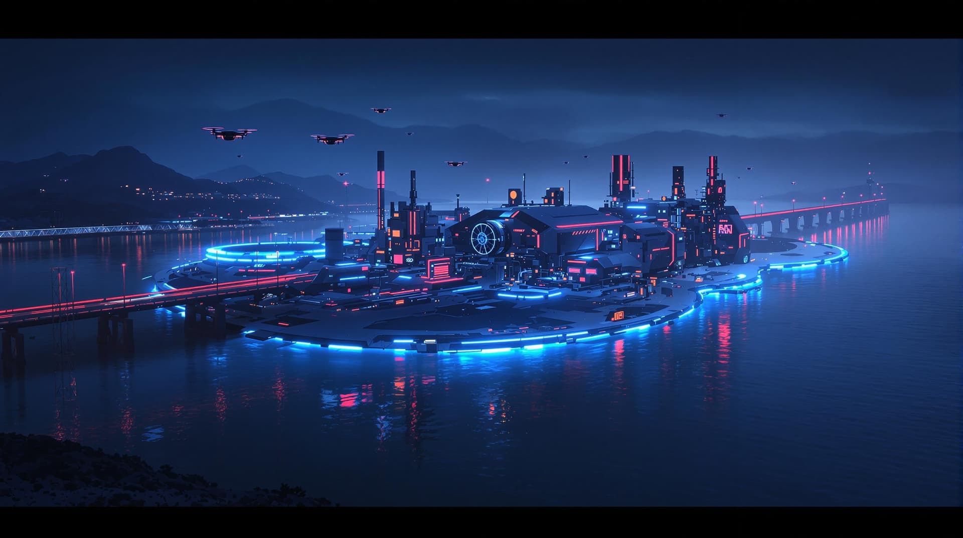 AI generated: "A futuristic cyberpunk hydroelectric plant complex built on a vast lake, connected to the mainland ...