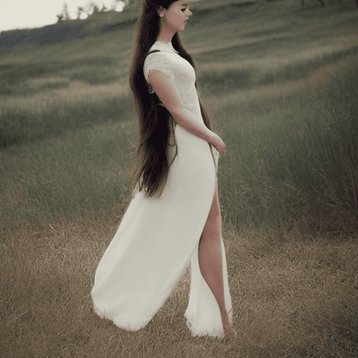 AI generated: woman long brunette hair, long dress, beautiful landscape