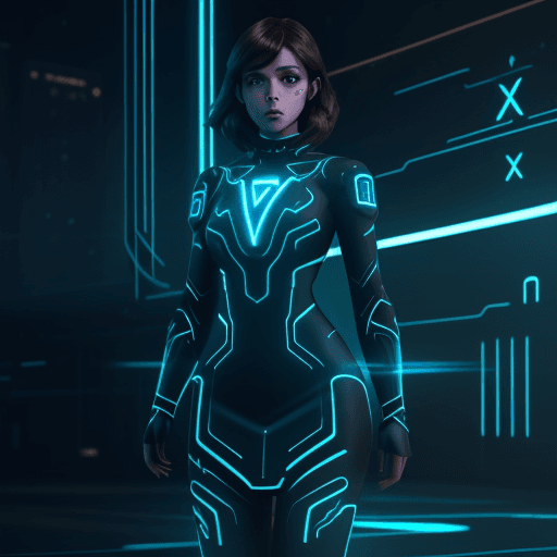 AI generated: <lora:Glowing Runes:1.0> Brunette Woman in TRON style black and blue glowing dress in computer theme...