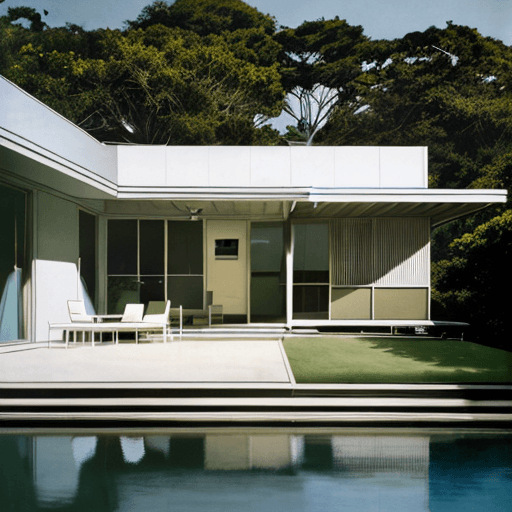 AI generated: Hyper realistic eye level exterior photo of a mid century modern style house overlooking the ocean, ...