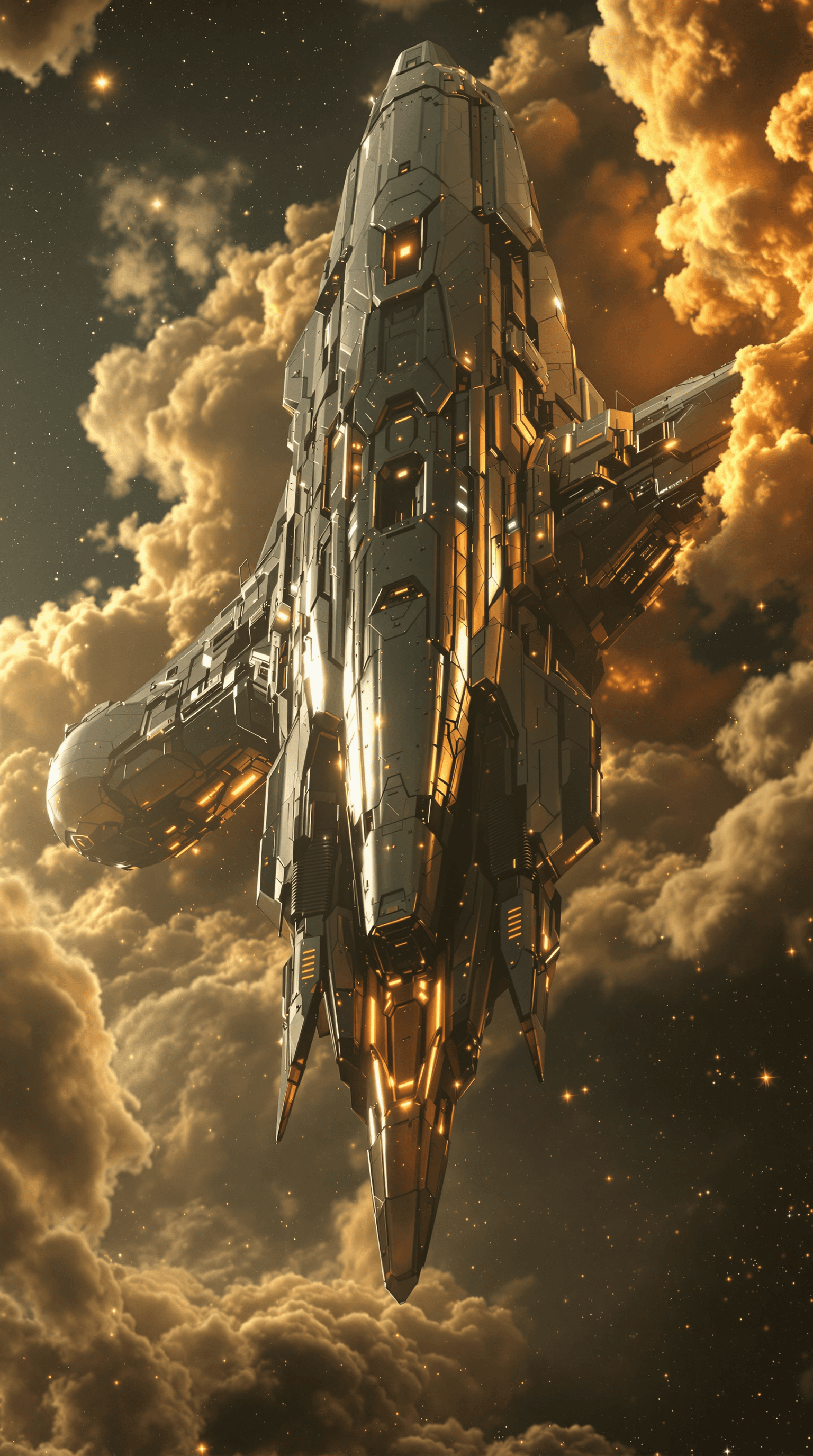 AI generated:  Ground-level shot of a colossal, intricately detailed sci-fi alien spacecraft, its polished metal h...