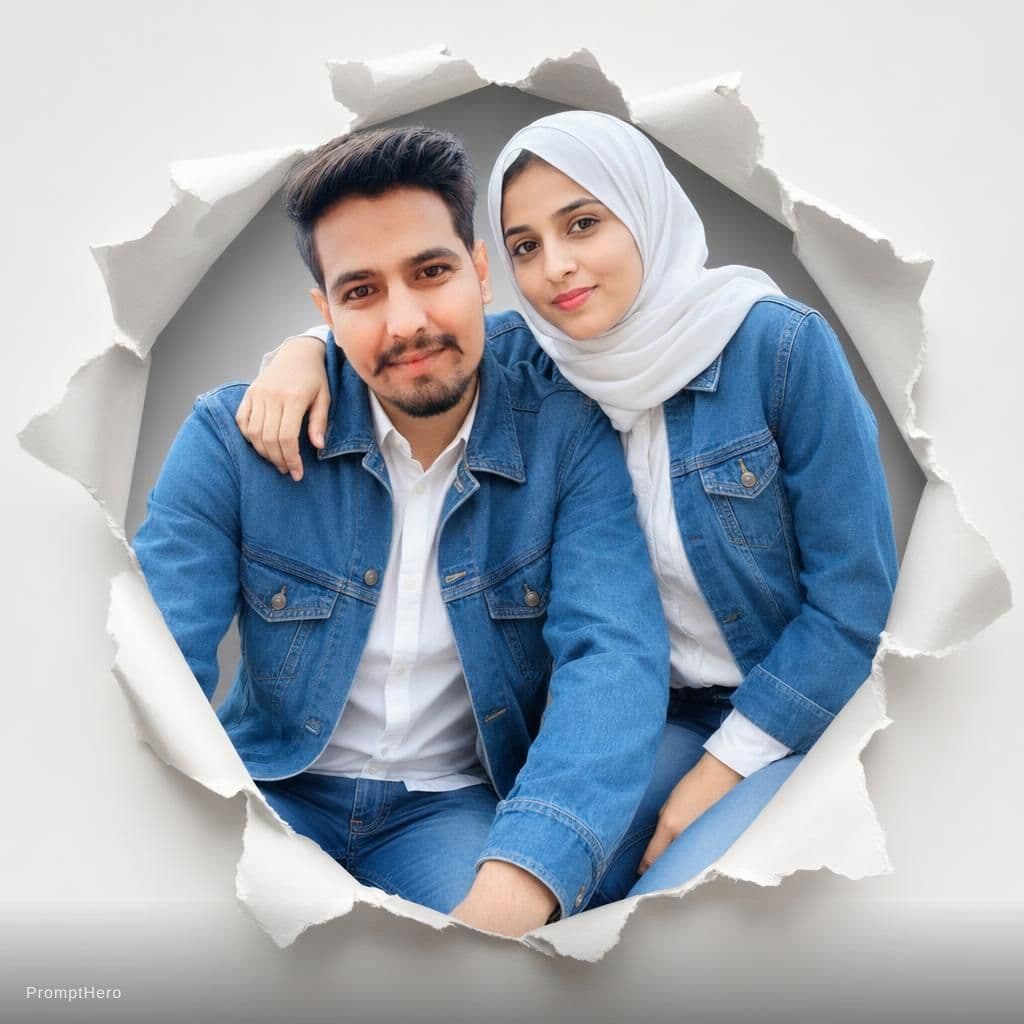 AI generated: Two Moroccan couple portraits, half-body view, emerging from realistic torn paper holes on a light g...