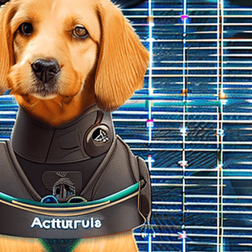 AI generated: cute dog wearing  t shirt that says ACTURIS
,surrounded by futuristic technologies 