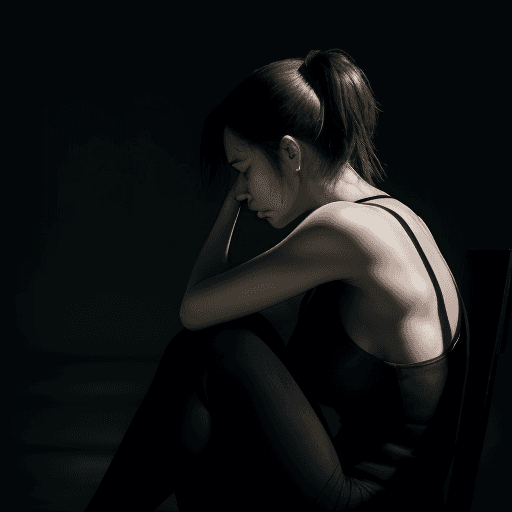 AI generated: A woman sits, staring into space, her shoulders hunched. Her face is closed, reflecting deep fatigue...