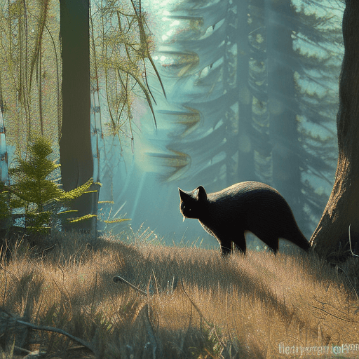 AI generated: Photo of an ultra-realistic black cat, in the woods, dramatic light, pale sunrise, cinematic lightin...
