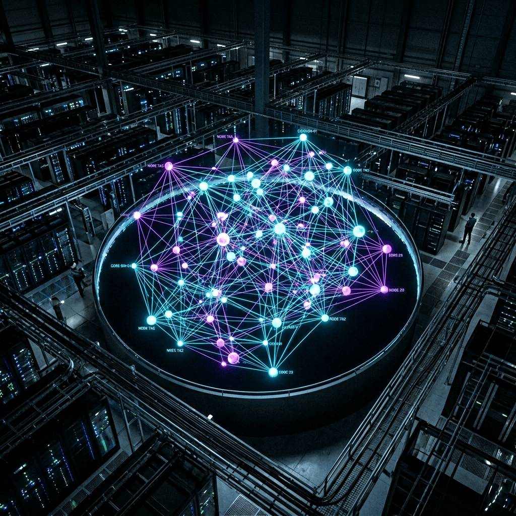 AI generated: "Vast network architecture room, 3D holographic network topology, nodes pulsing cyan (#32CDF0) and p...