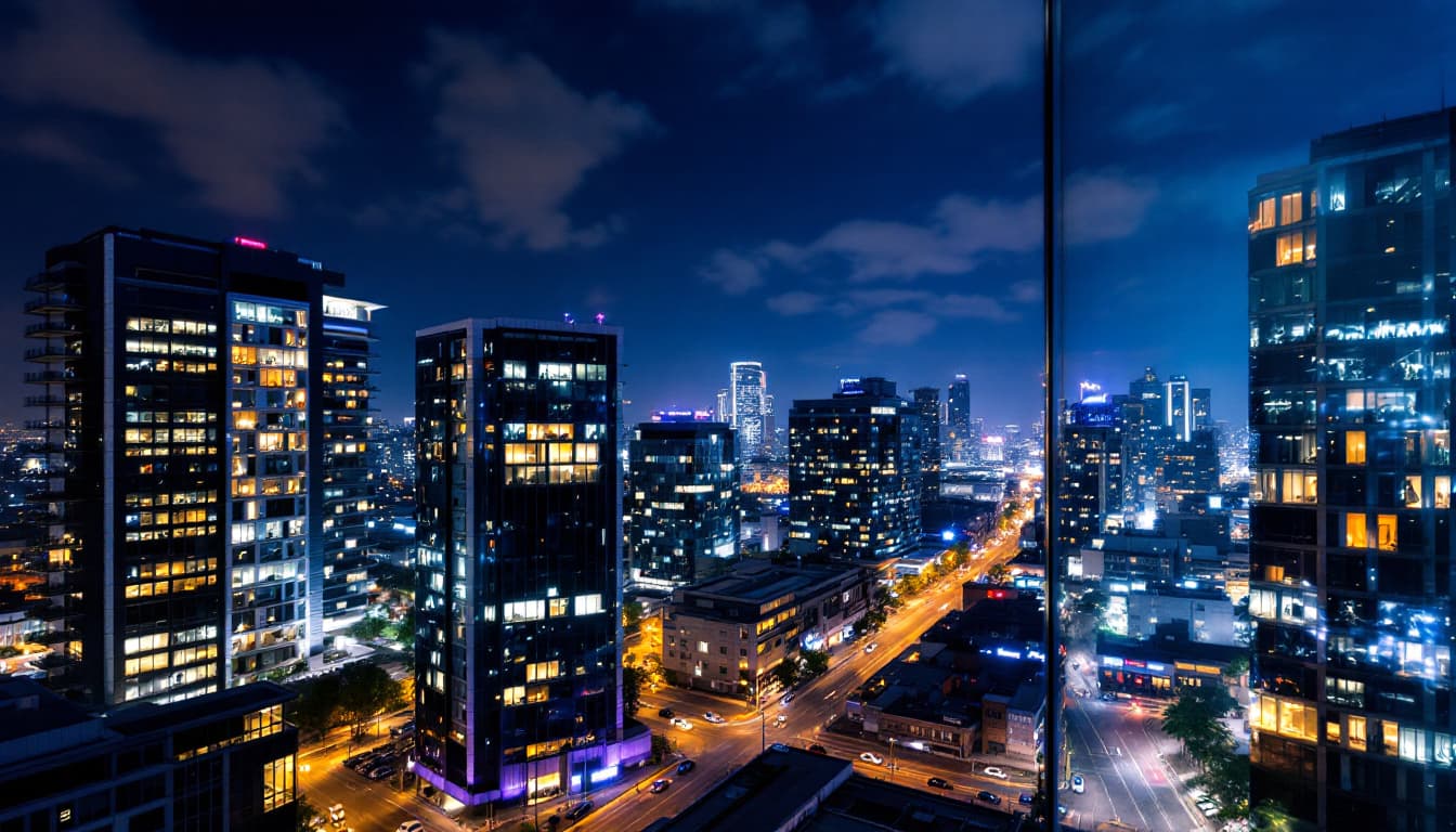 AI generated: view from window on a modern city at night Many buildings
