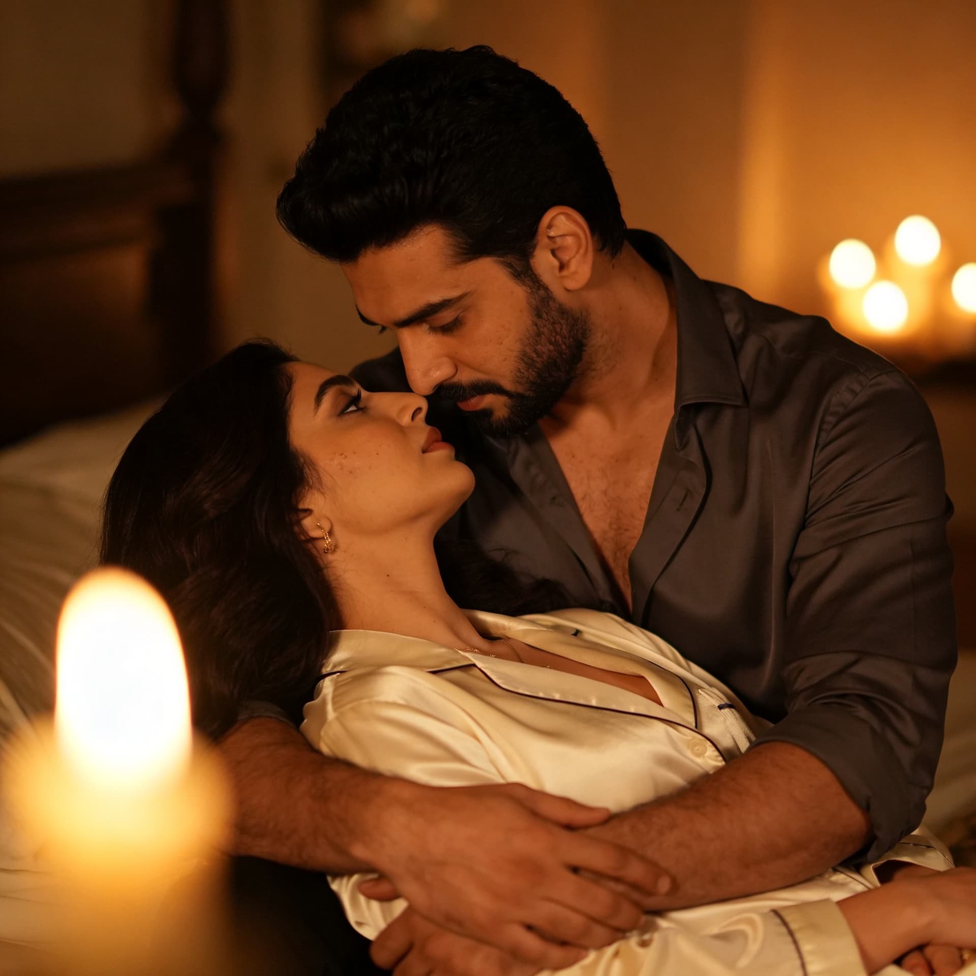 AI generated: Cinematic intimate portrait of a loving Arab couple in dim candlelit bedroom, husband gently embraci...