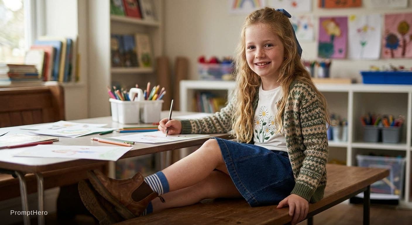 AI generated: young girl child, tight jean skirt, long blonde hair, freckles, cute little girl