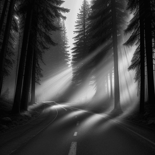 AI generated: A black and white photograph of rays of light shining through the trees on an old road in Washington...