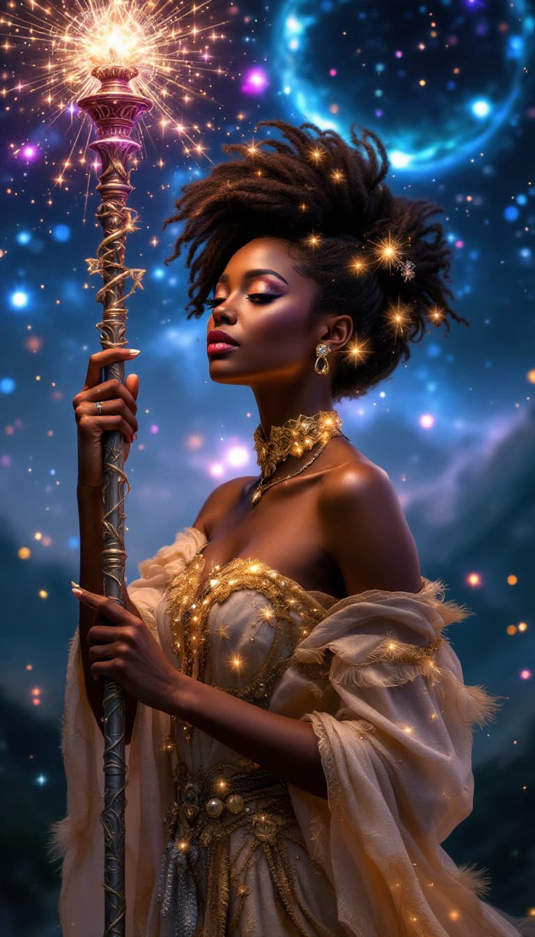 AI generated: "Cosmic Weaver in Starlight Serenade": A vibrant image showcases a stunning woman with an enchanting...