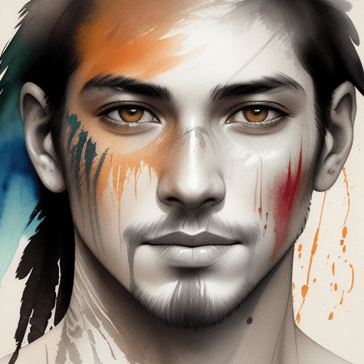 AI generated: close up face of male native brazilian, amazonia, double exposure, muted colors, wet on wet techniqu...