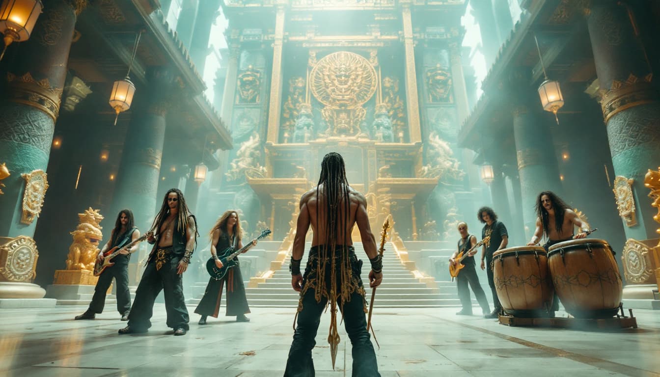 AI generated: Wide Shot – The Band Standing in the Grand Hall (Wide Shot, Straight-On Angle)
The entire band stand...