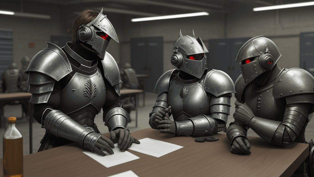 AI generated: Armoured warriors discussing in a secret lab