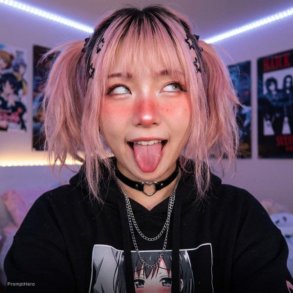 AI generated: exaggerated anime-inspired facial expression, eyes rolled upward, mouth open, tongue out, glossy wid...