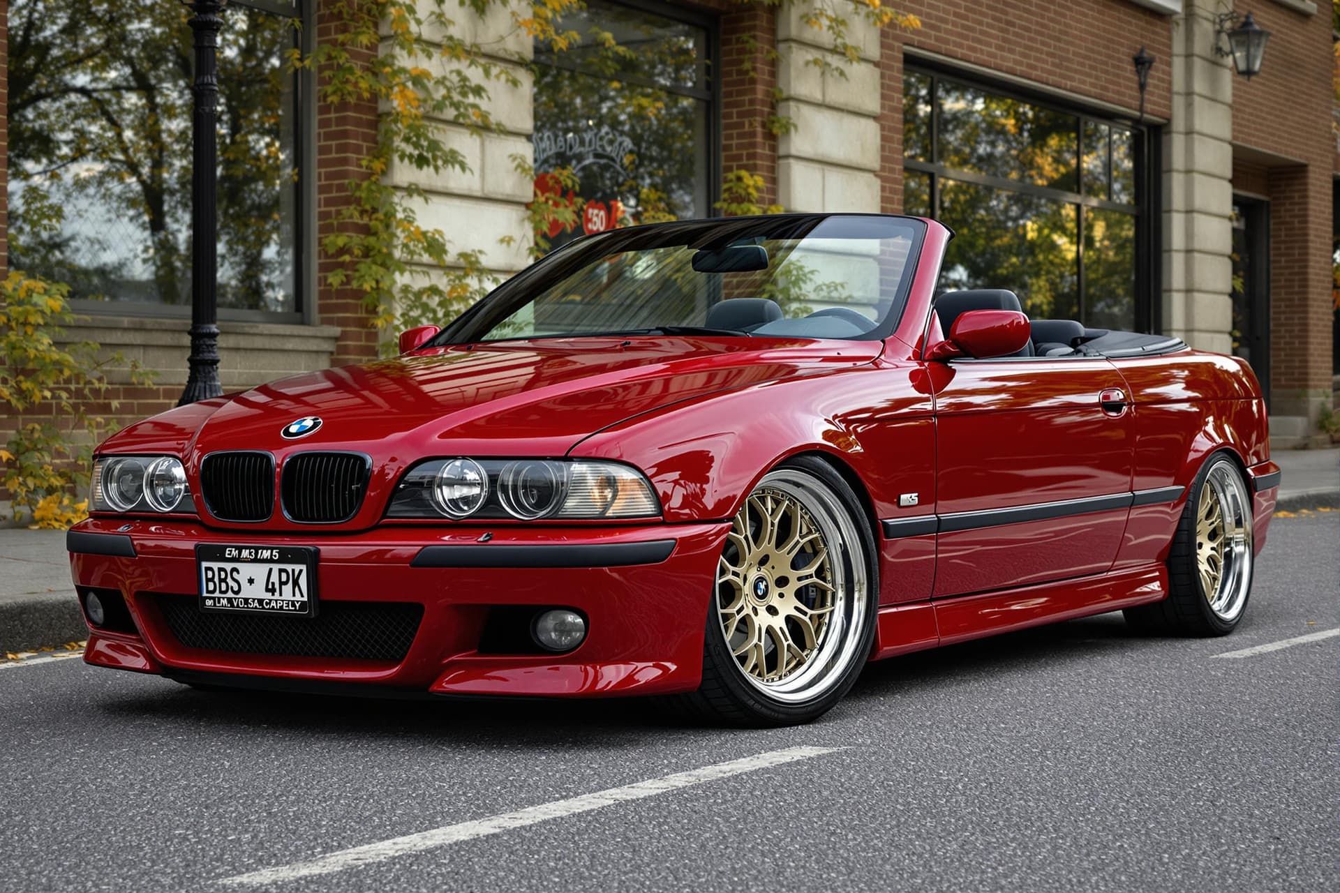 AI generated: dark red bmw e39 M5 convertible with BBS LM wheels, no license plate, cinematic, hyper realism, high...