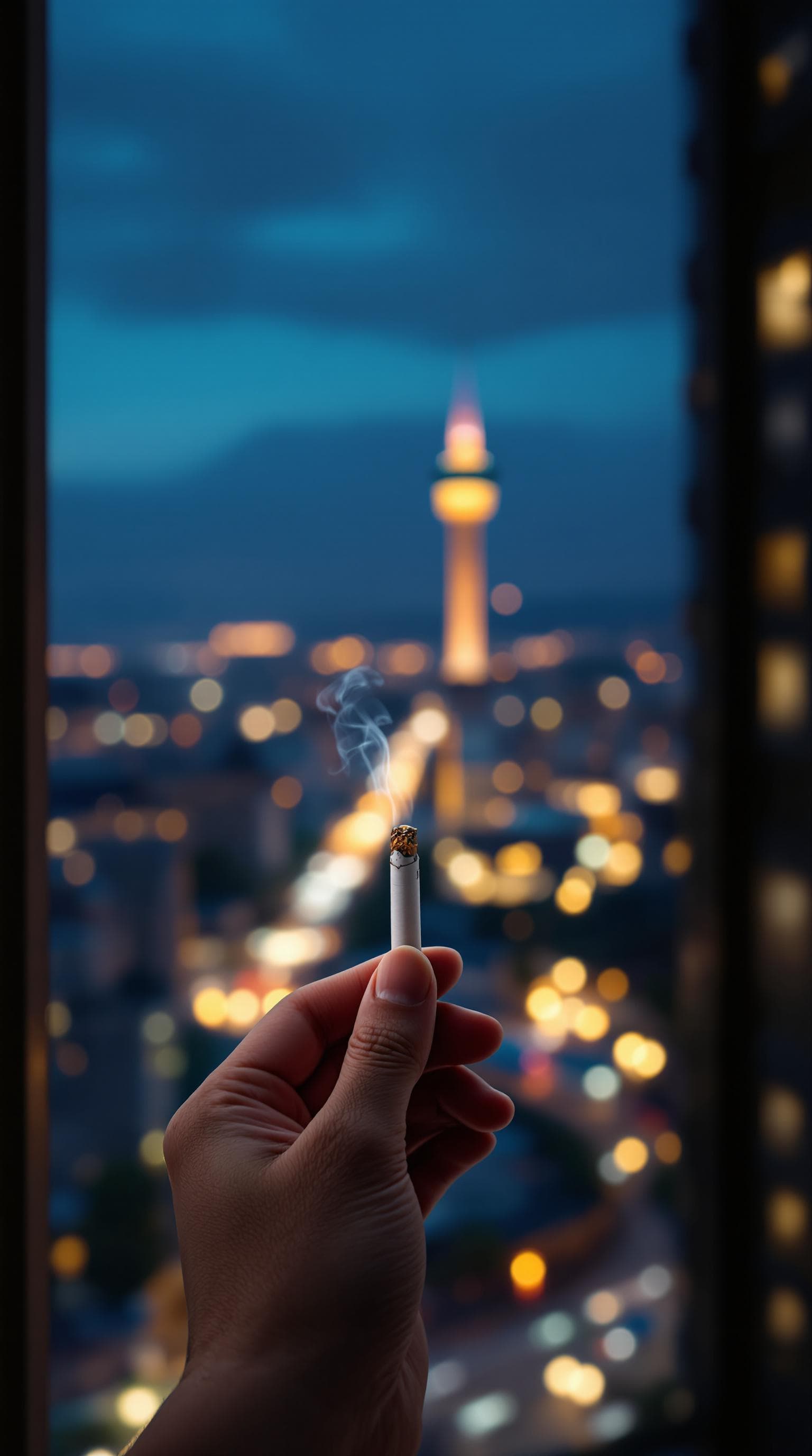 AI generated: pov first-person, i am standing by the open window, smoking a cigarette. only my hand and the cigare...