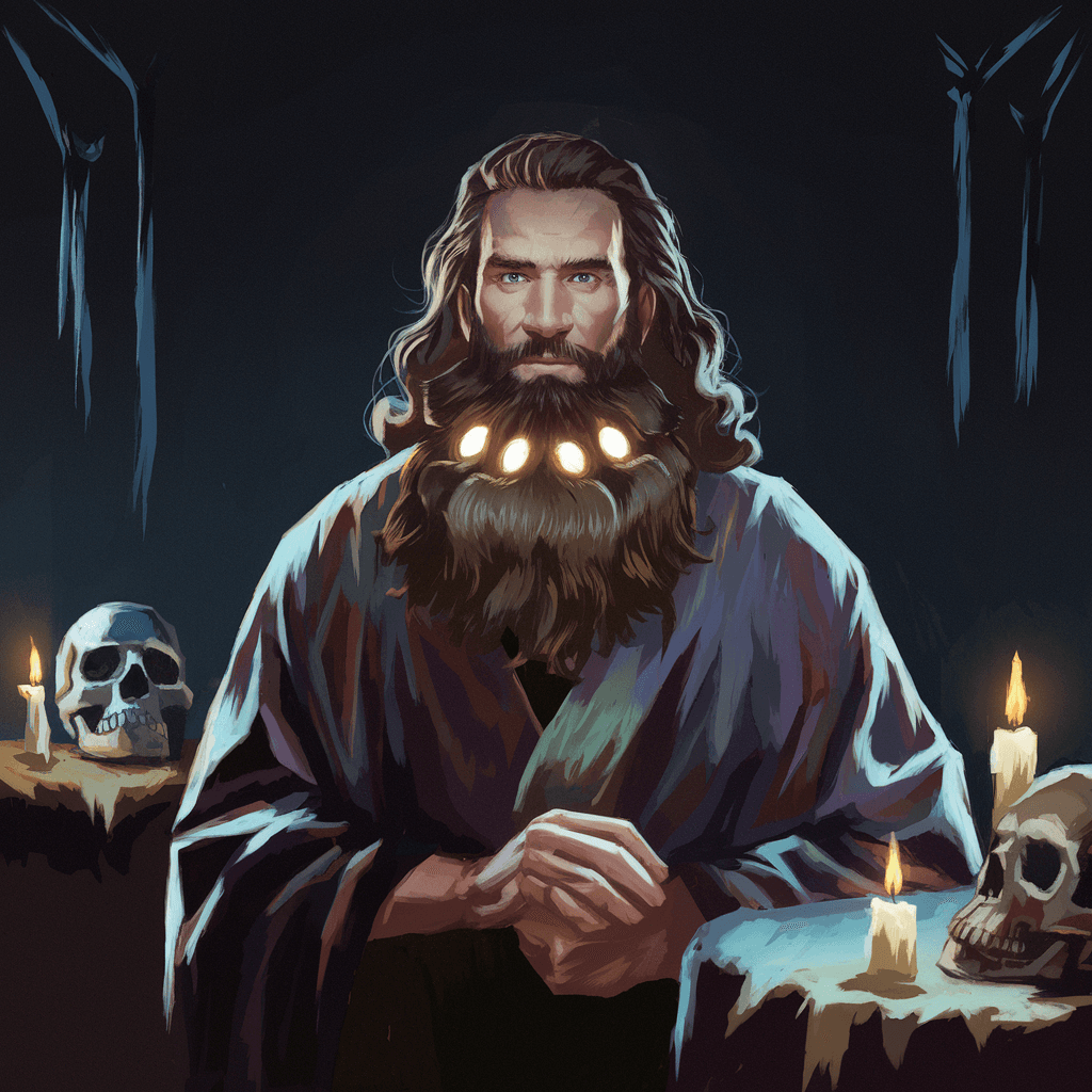 AI generated: a man with a beard and a beard with glowing eyes in a dark room with a black background and a black ...
