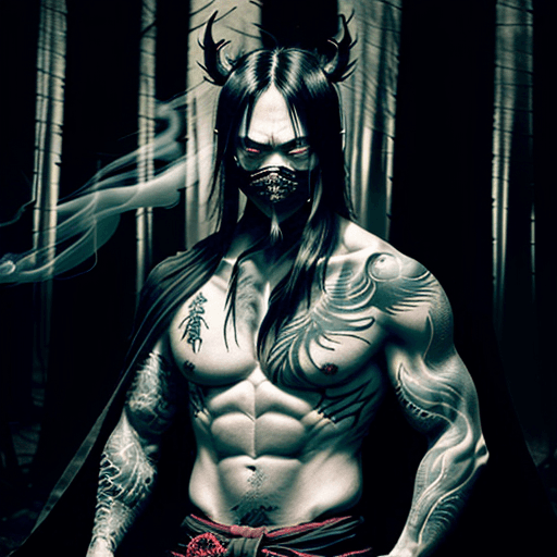 AI generated: A demonic samurai, covered in dark, intricate tattoos, emerges from a shroud of mysterious smoke in ...