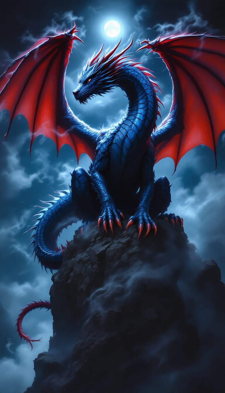 AI generated: "A majestic dragon rendered in rich burgundy and deep blue, its feathers shimmering like an opal und...