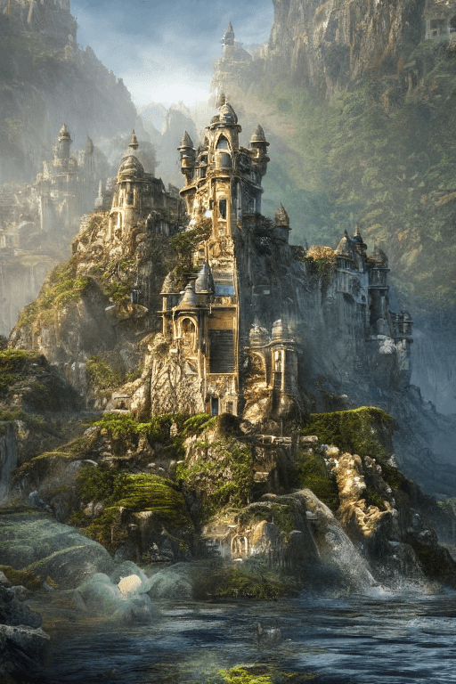 AI generated: Indian castle surrounded by water and nature, village, volumetric lighting, photorealistic, insanely...