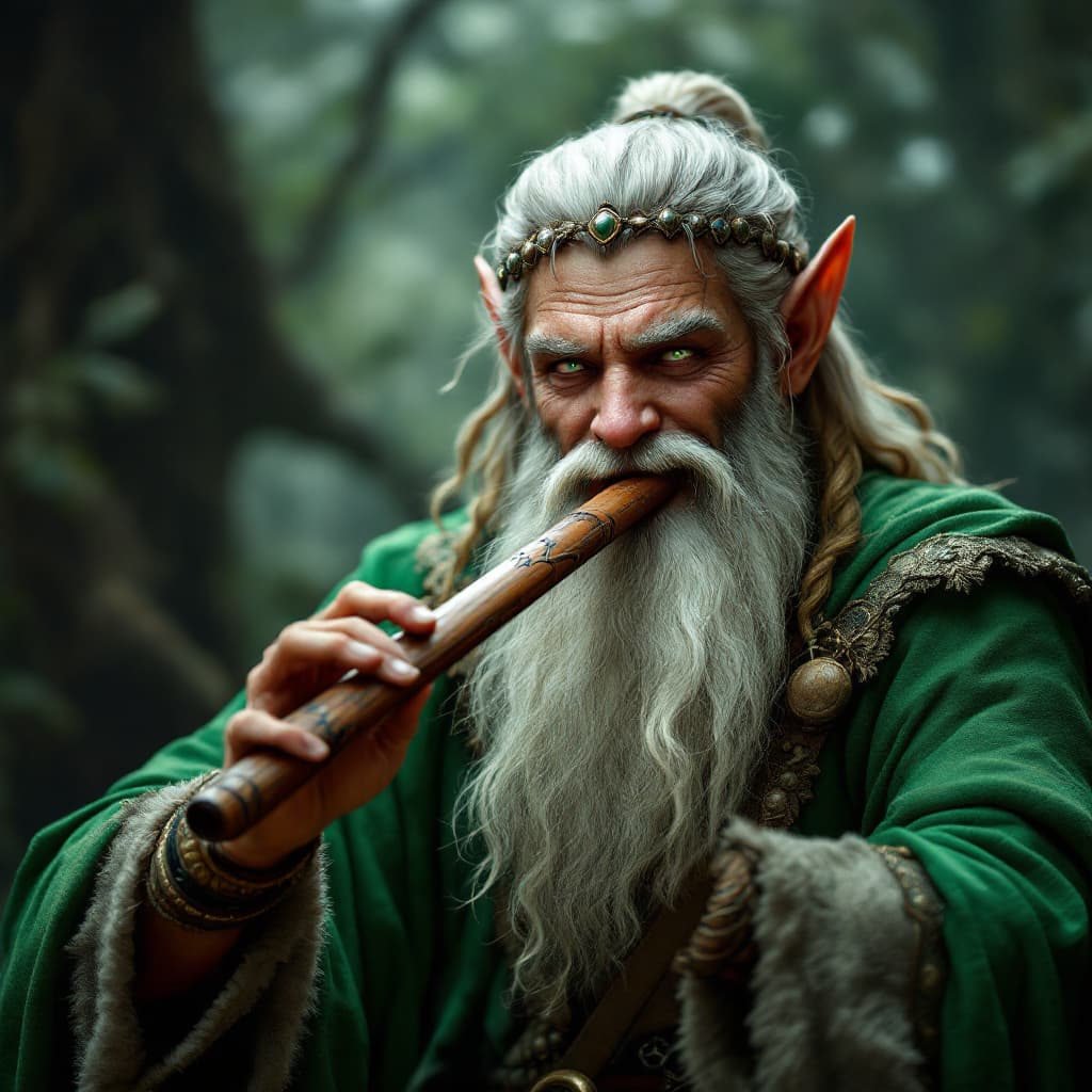 AI generated: happy male elven bard playing a reed pan flute, resembles santa clause with green clothes, ultra rea...