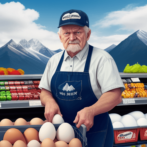 AI generated: Grocery store logo, fresh meat, milk, eggs, old man behind the counter with hat, mountains, clouds, ...