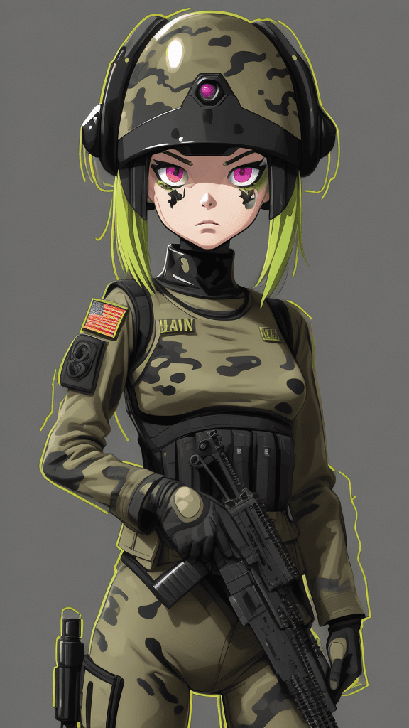 AI generated: in a army background portrait of little (alien woman)1.1, wearing (army attire):1.2, with a (((army ...