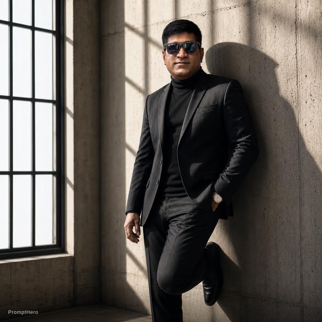 AI generated: this as A man in a tailored black
blazer and turtleneck stands against a
concrete wall. One foot u...