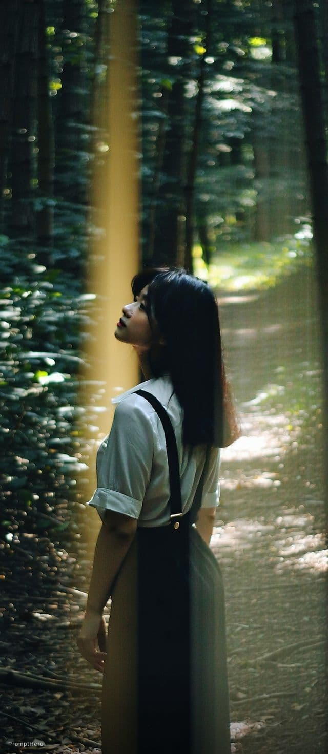 AI generated: A cinematic portrait of an Asian woman standing in a quiet forest, captured in a spontaneous moment ...