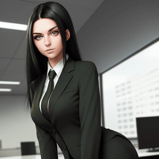 AI generated: realism. beautiful girl with black hair and green eyes in a business suit against the backdrop of a ...