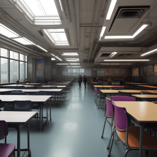 AI generated: Daylight Cyberpunk cafeteria university filled with students
