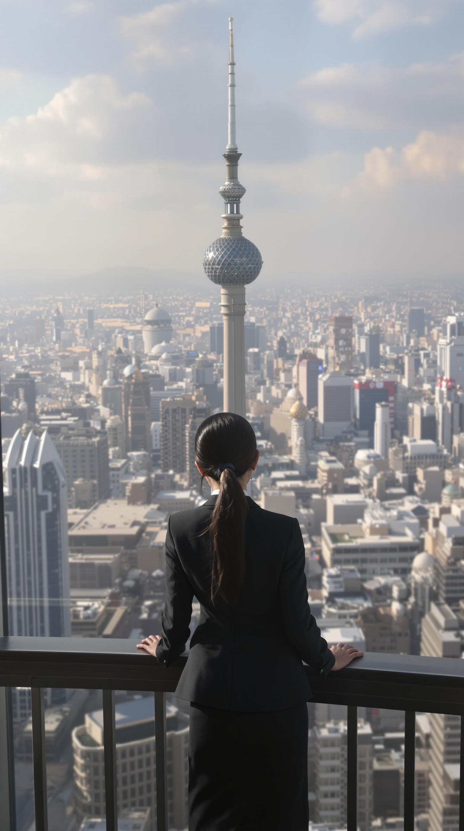 AI generated: a young beautiful stylish iranian girl in a business suit at milad tower view with a very angry expr...
