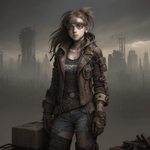 AI generated: A teenage girl living 300 years in the future, dressed in rugged, tattered steampunk attire with gog...