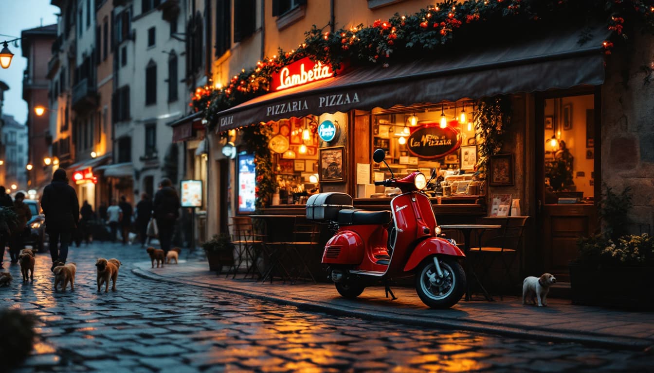AI generated: An ulta-realistic HD photo of a  red and white Lambretta moped parked in front of an old pizzaria wi...