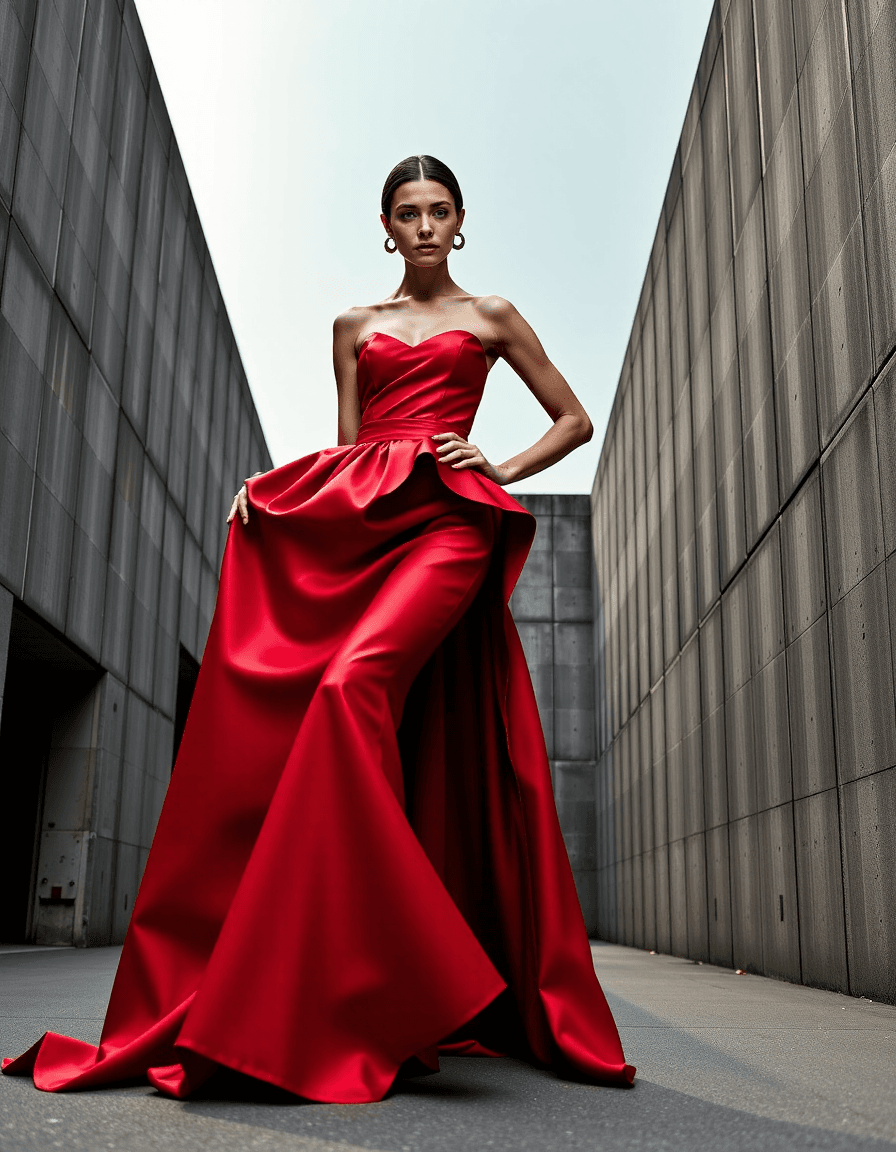 AI generated: "Fashion editorial: model in a dramatic, avant-garde red dress, posing against a stark, brutalist ar...