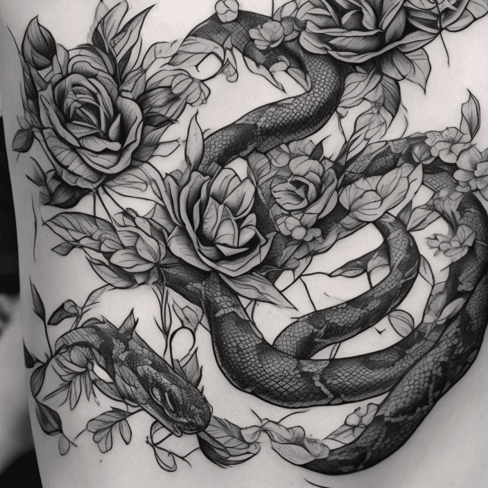 AI generated: Thigh tattoo, big snakes, flowers, black and white, leaves with black fill, smooth transitions, flor...