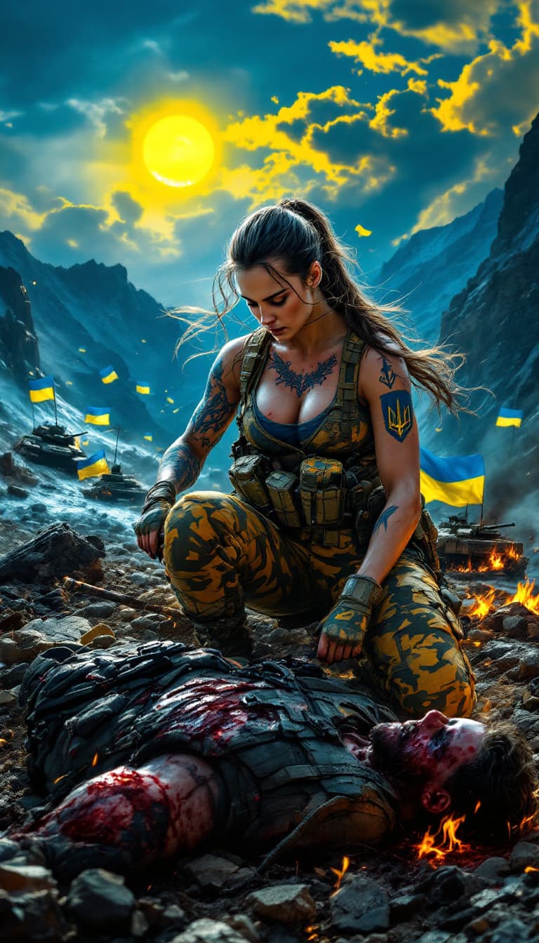AI generated: An all over the body Tatooed with Ukrainian trident motif heavily armed with rifles and battle axes ...