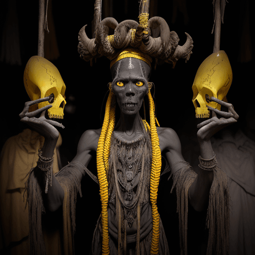 AI generated: A voodoo priest in the creepy hut, with dark complexion skin, yellow eyes, symmetrical features, cre...