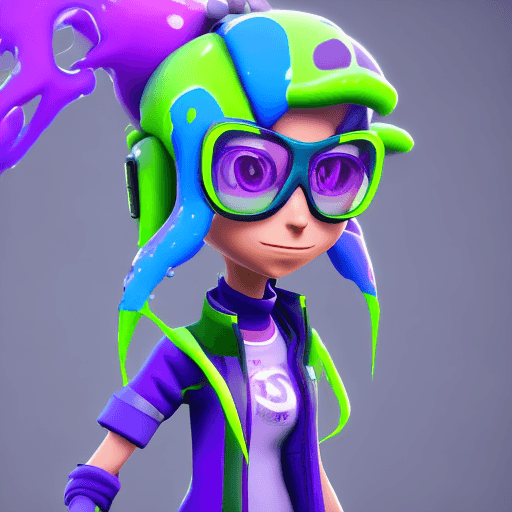 AI generated: splatoon 3 character, 3d model, adult lady, street style, unreal engine 5, green slime melt, blue an...