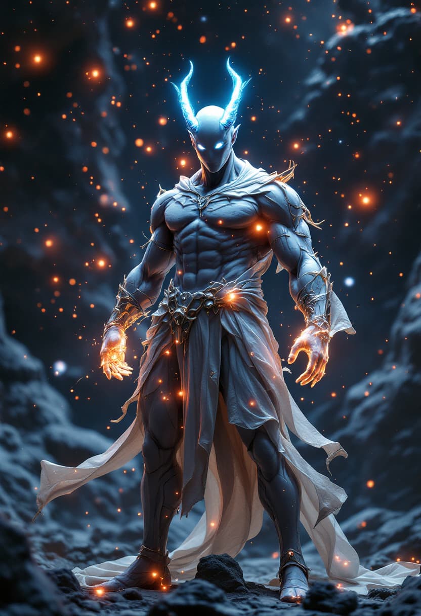 AI generated: God of sound, full-body, Etherial, muscular, No mouth or hair, Glowing clear eyes, epic, cinematic, ...