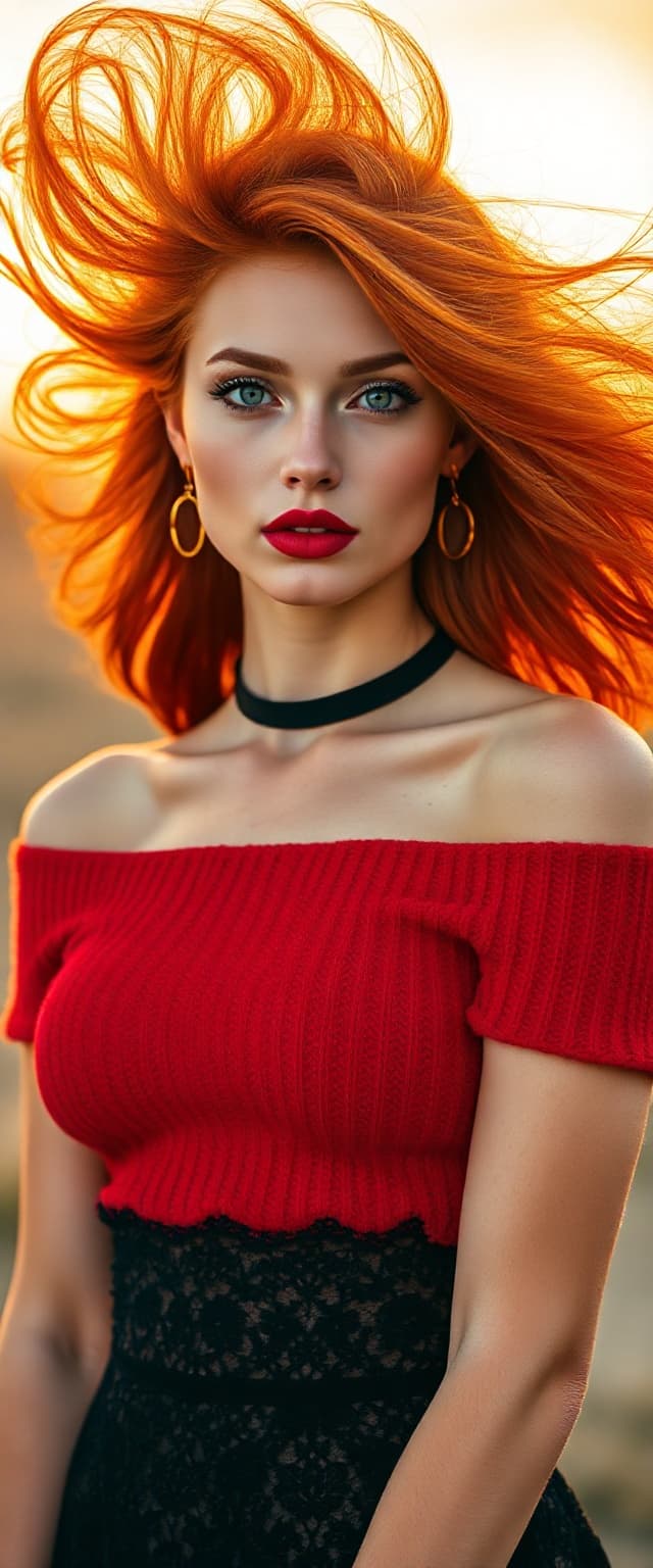 AI generated: "A professional photograph, styled as fine art, depicts a slender redhead supermodel in her early 20...