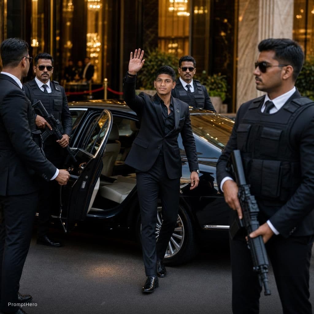 AI generated: “A highly realistic cinematic VIP arrival scene outside a luxury five-star hotel during evening gold...