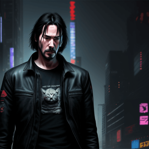 AI generated: sad keanu reeves with cat(cyberpunk style) . make it as real as possible