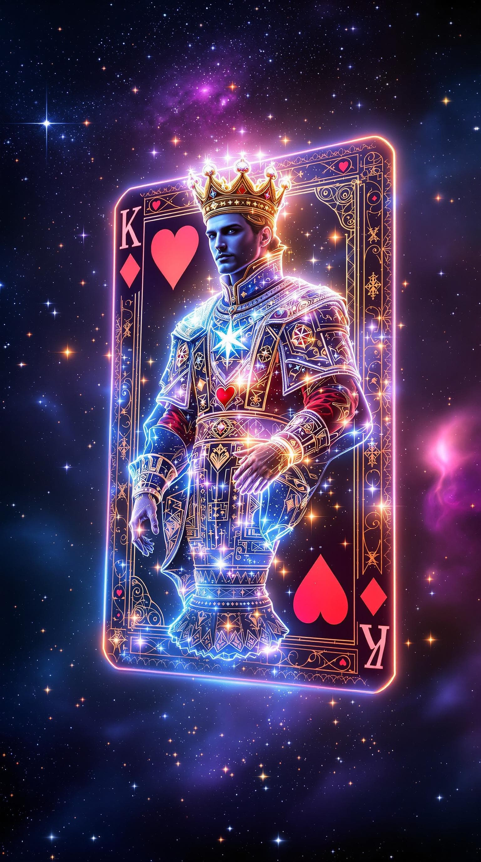AI generated: The King of Hearts card transforms into a 3D hologram that appears to be made of cosmic energy. As t...