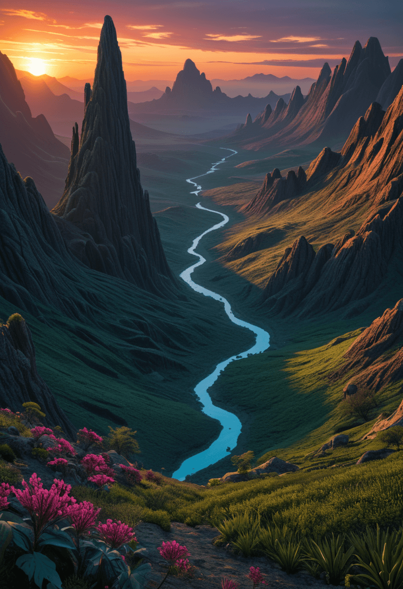 AI generated: Fantasy landscape,sunset,dynamic colors,bioluminescent alien plants,nebula,highres,realistic