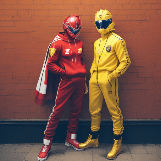 AI generated: A blackman, with a red power ranger like helmet, in a red track suit with a gold chain that HAS THE ...